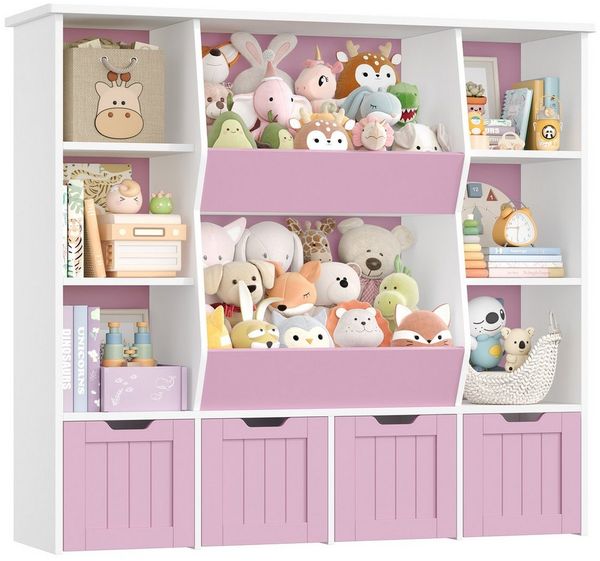 Homfa Kinderregal mit 4 Spielzeugkisten auf Rollen, Spielzeugregal mit 8 offenen Fächern Spielzeugtruhe 124.5x118x35cm