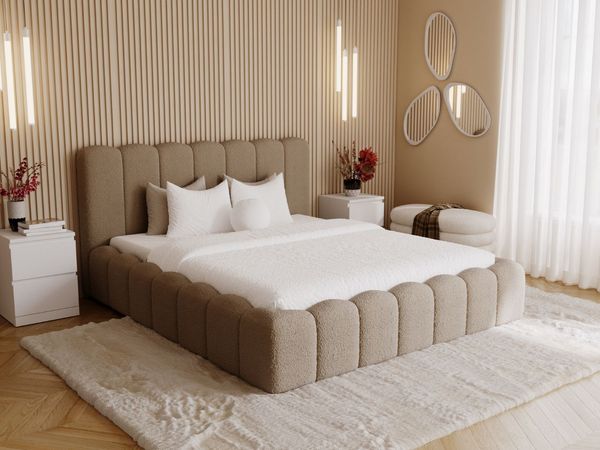 GRAINGOLD Smile Doppelbett 160x200, mit hohem Kopfteil, Bettkasten, Bouclé-Stoff, Braun