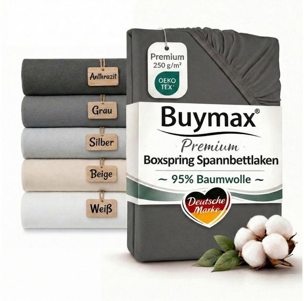Buymax Spannbettlaken Premium Jersey für Boxspringbett, 95% Baumwolle, bis 35 cm, Jersey, Gummizug: Rundumgummi, (1 Stück), Premium Baumwolle Jersey 250g/m², weich & elastisch, bis 35cm Steghöhe