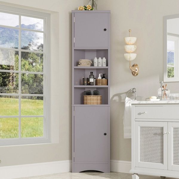 ANYSUN Badkommode Eckschrank mit verstellbare Einlegeböden und drei offene Ablagefächer (feuchtigkeitsbeständiger Lack, verstellbare Einlegeböden), 36x24 x170cm Dreieckiger Badezimmerschrank, Doppeltüren,platzsparend