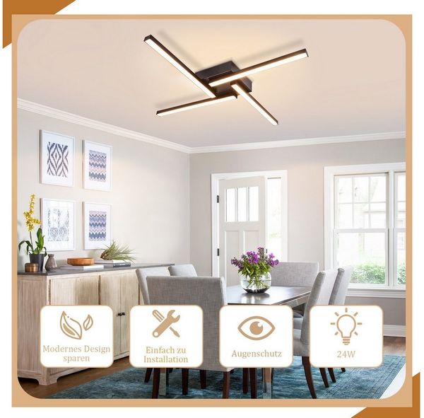 Nettlife LED Deckenleuchte Schwarz 24W Metall 64.2CM 3000K Wohnzimmerlampe, LED fest integriert, Warmweiß, 3000K Decke Lampe für Schlafzimmer Wohnzimmer
