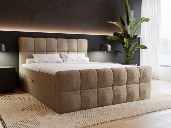 GRAINGOLD Alicante Doppelbett 200x200, Boxspringbett mit gepolstertes Kopfteil, zwei Bettkästen, Bouclé-Stoff, Braun