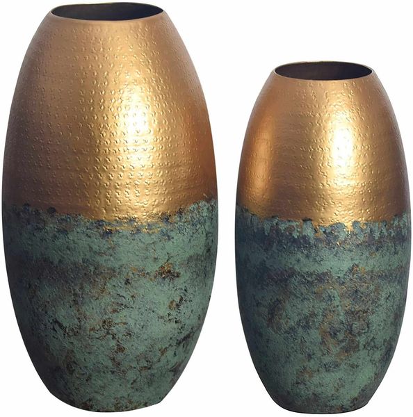 Deko Vase 2er Set Aluminium Gold Patina Modern Rund Handgefertigt
