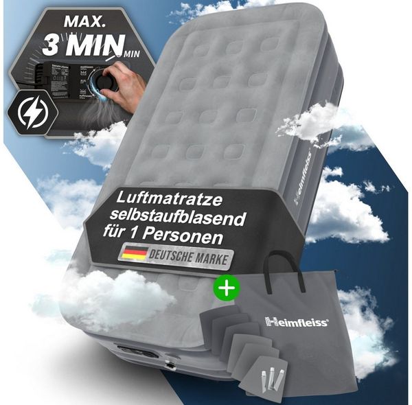 Heimfleiss® Luftmatratze 1 Person | Premium Luftbett selbstaufblasend 100x200 cm | Schnell Aufblasbare Matratze ideal nutzbar als Gästebett & Reisebett | Selbstaufblasbare Camping Air Mattress + Pumpe