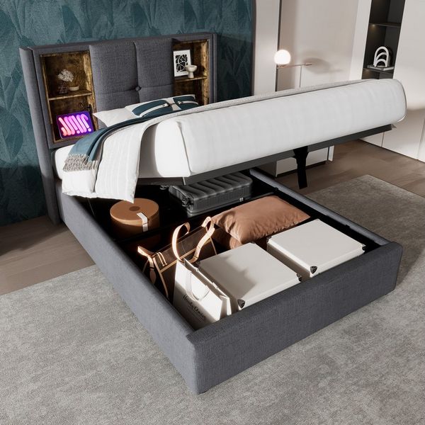 TavilaEcon Boxspringbett Polsterbett, Hydraulisch Stauraumbett mit Kabellosem Laden, mit vier offenen Ablagefächern am Kopfteil