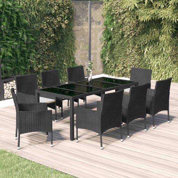 vidaXL 9-tlg. Garten-Essgruppe mit Kissen Schwarz Poly Rattan 3187321
