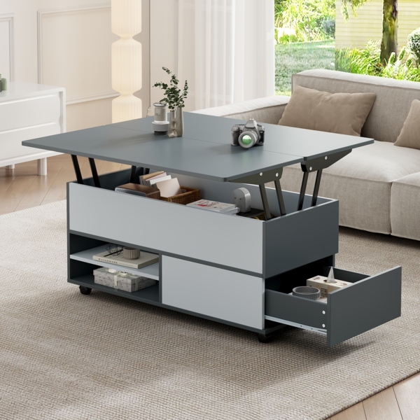 Höhenverstellbarer Couchtisch mit Rollen & Stauraum, 100 x 98 x 65 cm, grau/weiß