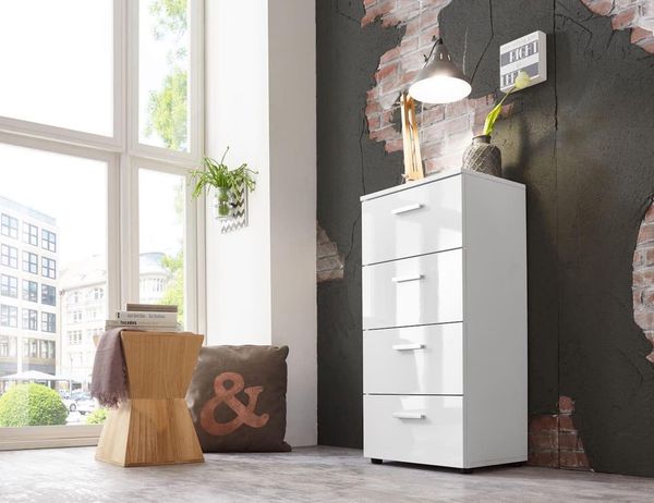 BMG Möbel Kommode Monaco (Schubkastenkommode mit 4 Schubkästen, 44 cm breit, Höhe 91 cm), Fronten Hochglanz Weiß, ideal für Flur und Schlafzimmer geeignet