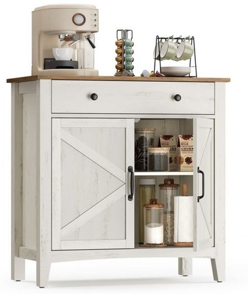 VASAGLE Küchenschrank, Sideboard mit Schubladen, Aufbewahrungsschrank mit Türen, verstellbare Ablage, Landhausstil, für Wohnzimmer Küche, 40 x 80 x 80 cm, vintageweiß-honigbraun BBKDE341W01