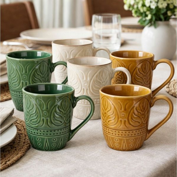 Koopman Tasse Kaffeetasse Teetasse Becher Motiv 390ml Keramik 6er Set, 6-tlg, Keramik, je Farbe 2 Stk, Braun, 390ml je Tasse, Grün, Beige