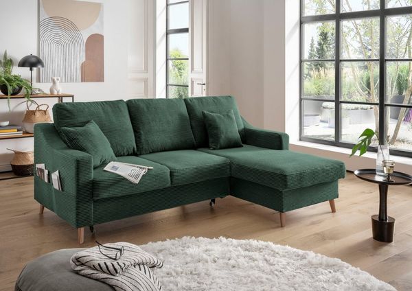 Sofa Valentina von Benformato: Elegantes Breitcord-Sofa mit Schlaffunktion, Bettkasten und Flexibler Recamiere – In drei stilvollen Farben erhältlich