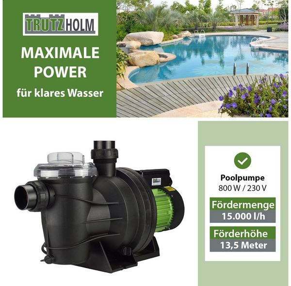 TRUTZHOLM Pool-Filterpumpe Schwimmbadpumpe Poolpumpe Swimmingpool Umwälzpumpe für Poolwasser (Set, 1-tlg), 15.000 l/h,Förderhöhe 13,5m,800W