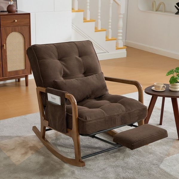 REDOM Loungesessel Schaukelstuhl mit verstellbarer Lehne & Fußstütze (Cord Sessel mit Lendenkissen, Seitentaschen & weichem Polster), Polsterstuhl Relaxsessel