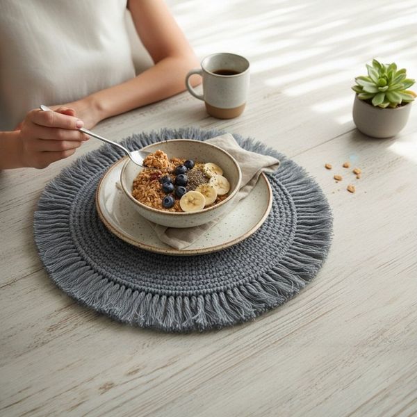 Meinposten Platzset Tischset Makramee Platzset Tischdeko rund boho Deko creme 38 cm, (1-St), Makramee-Platzset mit Fransen