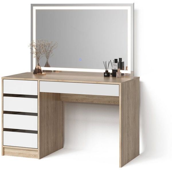 Livinity® Schminktisch Imola, Weiß/Sonoma/Sonoma, 120 cm mit LED-Spiegel (2-St)