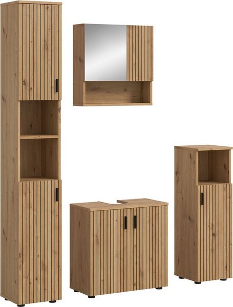 welltime Badmöbel-Set MANI, 4-tlg. Badkombination, Paneeloptik, (Set, 4-St, Set, best. aus: 1Badschrank, 1WBU, 1 Spiegelschrank, 1 Badschrank), Bad-Kombination, Bad-Möbel, Badezimmer, Kombination, Kombi
