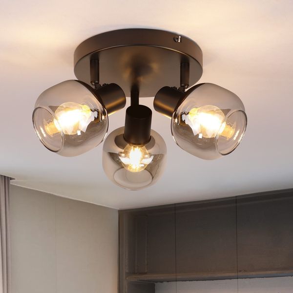 ZMH Deckenlampe Schwarz Deckenstrahler 3 Flammig - Glas Modern Deckenspots 350° Schwenkbar Deckenleuchte E14 Strahler küchenlampe für Flur Küche Wohnzimmer Schlafzimmer（Rund ）