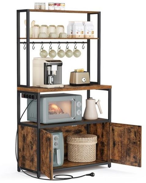 VASAGLE Küchenregal mit Steckdosen, Küchenschrank, 40 x 80 x 170 cm, Standregal mit 8 Haken, braun-schwarz Bild 2
