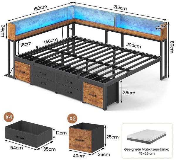 MSMASK Daybett Schlafsofa mit LED-Beleuchtung & Ladestation, Jugendbett Kinderbett, mit Integriertem Bücherregal & 6 Schubladen, 140x200cm
