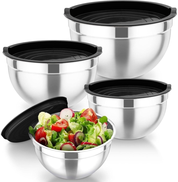 TEAMFAR Rührschüssel Set Edelstahl Salatschüssel Schwarz Luftdicht Deckel