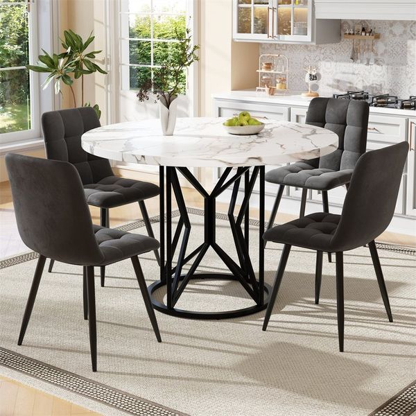 MODFU Essgruppe Esstisch mit 4 Stühlen, (5-teiliges Esstisch-Set mit 100 cm MDF-Tisch – Elegante Marmoroptik, ergonomisches Design, 5-tlg)