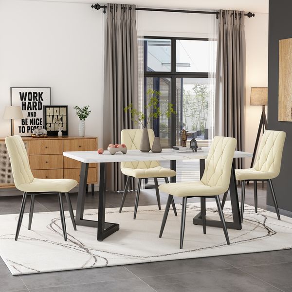 Samt Polsterstuhl 4er-Set mit Rückenlehne, Fischgräten-Design & Metallbeinen, moderner Esszimmerstuhl,Beige