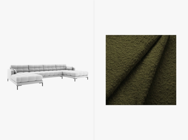 Micadoni Panorama-Sofa Mamaia 6-Sitzer Boucle Baloo Dunkel-Olivgrün schwarze Beine