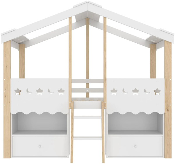 Hochbett mit LED-Beleuchtung, Regal, Schubladen, Trittleiter und Stauraum, 90x200 cm, Kinderbett mit Rausfallschutz, Kiefer Bild 7