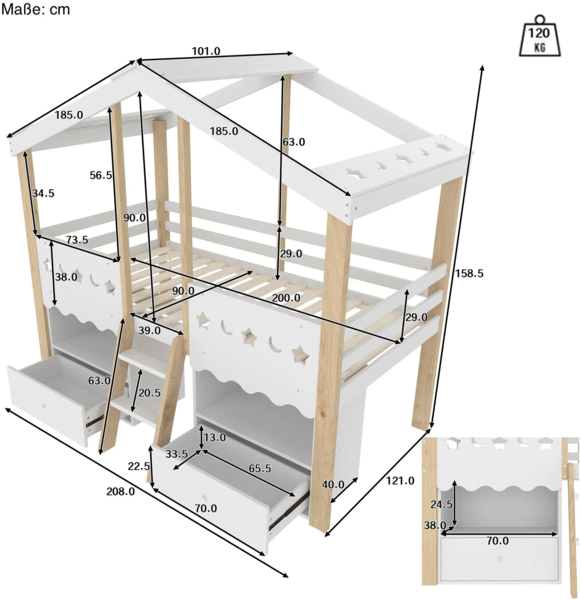 Hochbett mit LED-Beleuchtung, Regal, Schubladen, Trittleiter und Stauraum, 90x200 cm, Kinderbett mit Rausfallschutz, Kiefer Bild 5