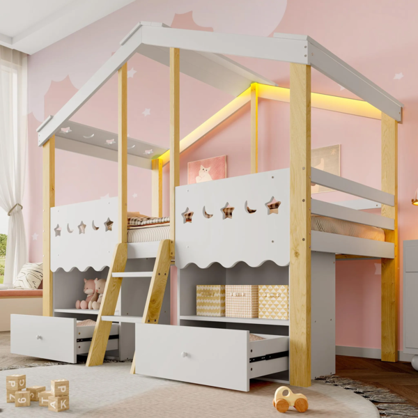 Hochbett mit LED-Beleuchtung, Regal, Schubladen, Trittleiter und Stauraum, 90x200 cm, Kinderbett mit Rausfallschutz, Kiefer Bild 1