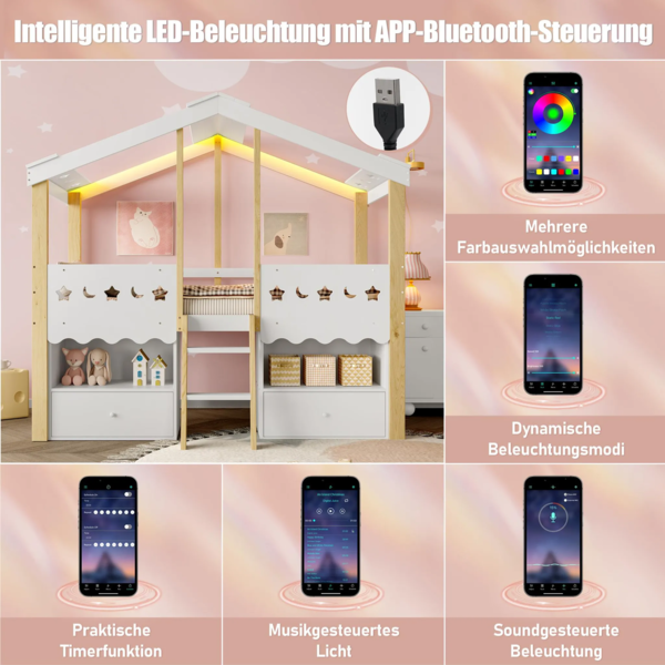 Hochbett mit LED-Beleuchtung, Regal, Schubladen, Trittleiter und Stauraum, 90x200 cm, Kinderbett mit Rausfallschutz, Kiefer Bild 4