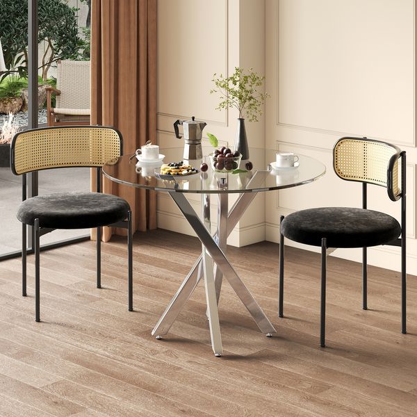 Esstisch mit transparenter Glastischplatte 80x80cm, quadratischer Glastisch mit gekreuztem Metallgestell,Glas Metall Silber