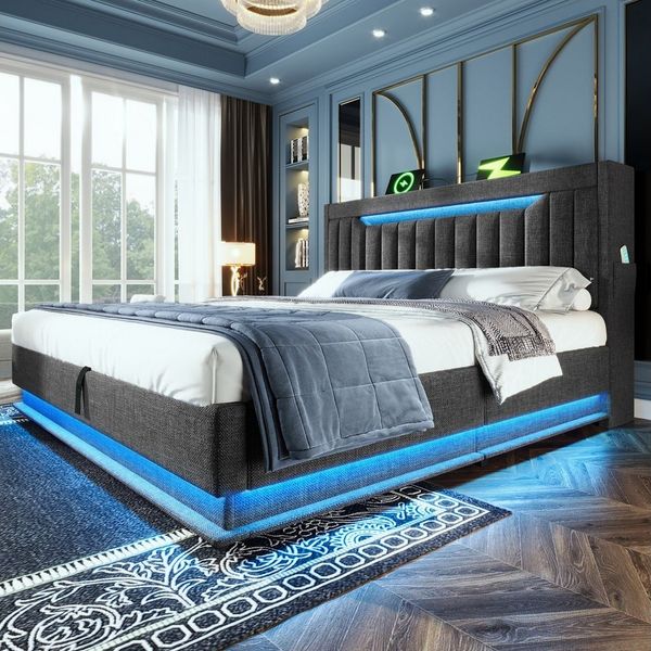 REDOM Polsterbett Bequeme Betten mit Stauraum und LED-Beleuchtung (Struraumbett, Funktionsbett, 180x200 cm, ohne Matratze, Grau), mit USB- und Typ-C-Anschlüssen, LED-Beleuchtung