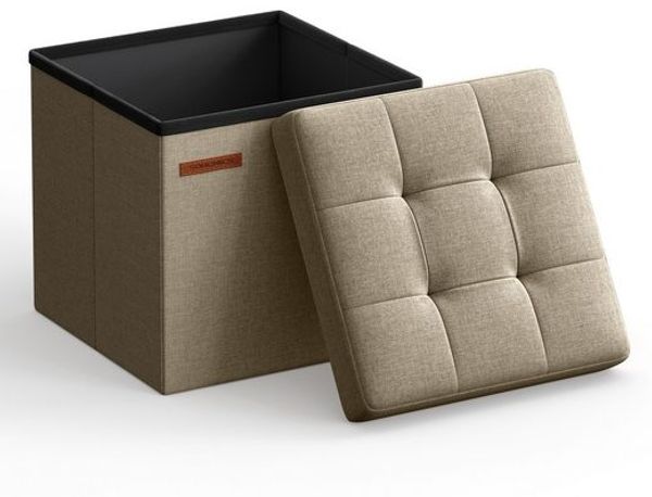 Songmics Sitzhocker mit Stauraum, faltbarer Hocker, Leinenimitat / MDF kamelbraun, 30 x 30 x 30 cm