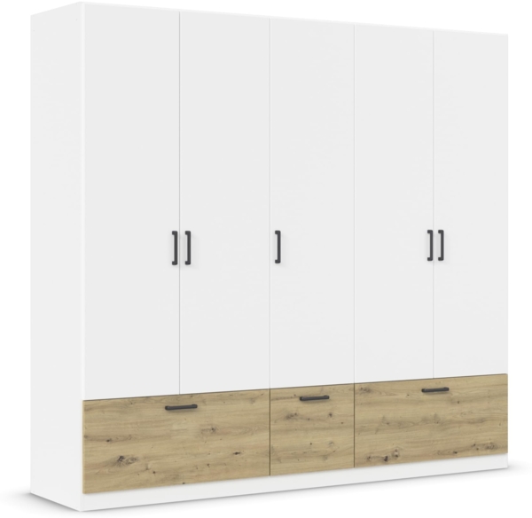 Rauch Möbel Bari, Drehtürenschrank, 5-türig, Kleiderschrank Weiß/Eiche Artisan, 3 Schubladen, 226 x 210 x 54 cm