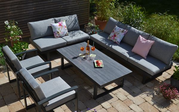 Ecklounge Santorini XL + großer 160x80 cm Tisch höhenverstellbar + 2 Lounge Sessel