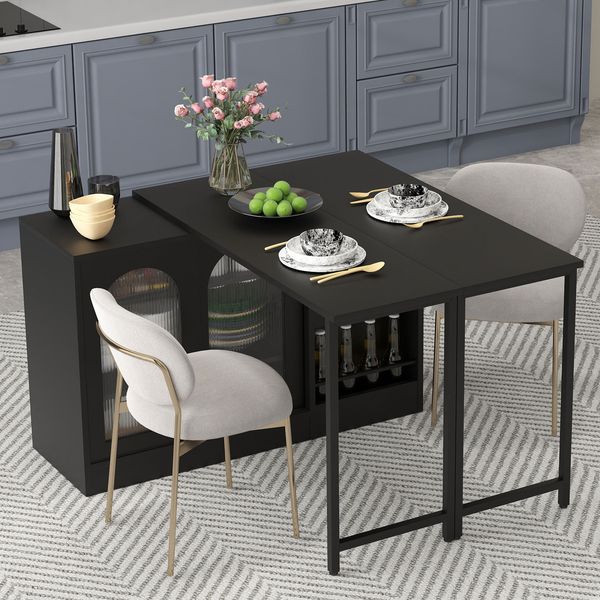 Merax Moderner Bartisch, Ausziehbar 360° Drehbare Bartisch Mit Stauraum, Reversibel Tisch Sideboard Bar Mit Glasschranktür, Bar Tisch Für Küche Kaffeebar Möbel, Schwarz