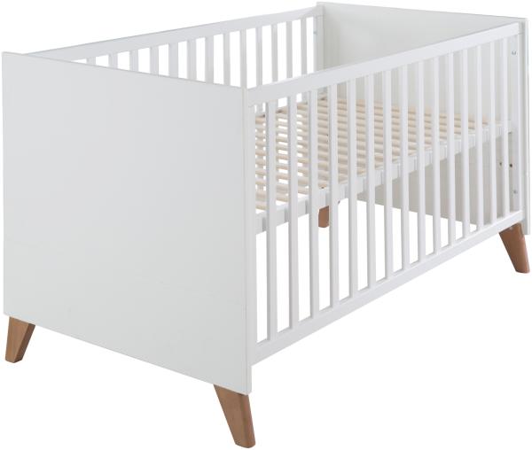 roba Babybett Ole 70 x 140 cm - Mitwachsendes Gitterbett mit Füßen aus Massivholz - Höhenverstellbar - Umbaubar zum Juniorbett - Holz weiß lackiert