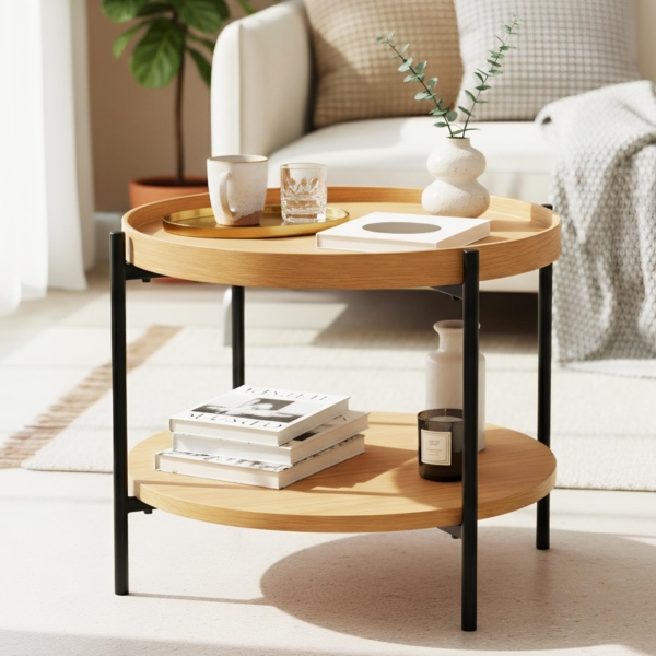 CLP Couchtisch Corbitan rund aus Holz 2 Ebenen Metallgestell schwarz,natura Ø 50 cm