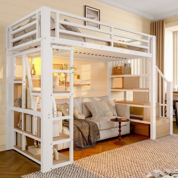 MODFU Kinderbett mit Ablagefach (Jugendbett mit LED-Beleuchtung und offenem Unterbett-Stauraum, Hochbett 90x200 cm), ohne Matratze