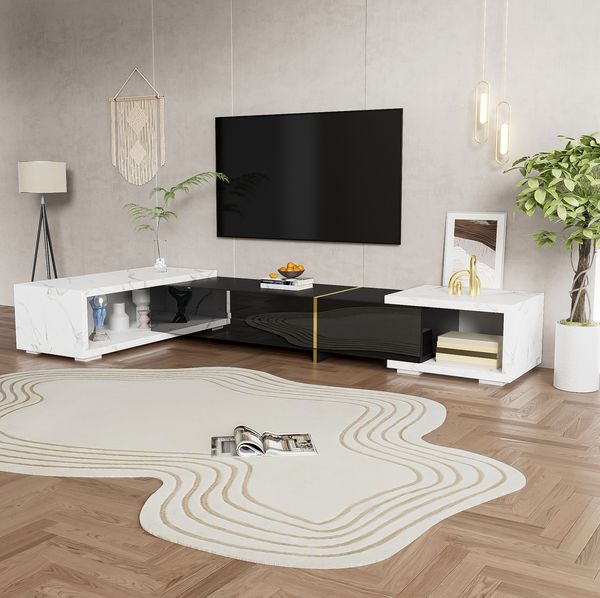 Moderner TV-Schrank (140-260 cm) in weißer Marmoroptik mit schwarzem Hochglanz und goldenen Akzenten, 140-260x40x30cm