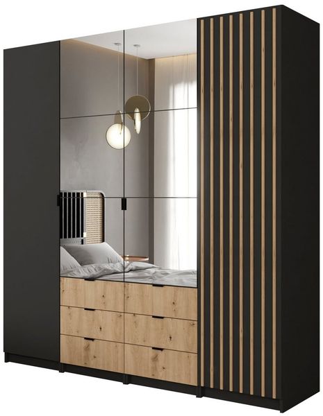MOEBLO Kleiderschrank XANO 200 (Drehtürenschrank mit Schubladen 4-türig Schrank Garderobe Schlafzimmer Schrank mit Latten aus Holz / Holzlatten, mit Spiegel und Schubladen) (B x H x T):200cm x 216cm x 57cm