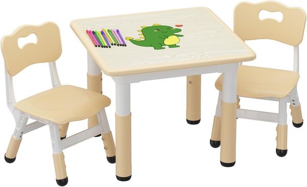 GarveeMore Kindersitzgruppe mit 2 Stühlen und Graffiti-Schreibtischplatte,höhenverstellbares, 3-tlg Kindertisch,für Kleinkinder Zum Zeichnen,Lesen,Kunsthandwerk