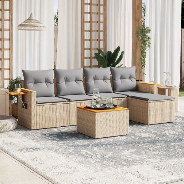 vidaXL 6-tlg. Garten-Sofagarnitur mit Kissen Beige Poly Rattan 3226766