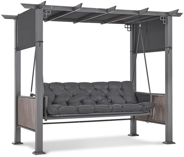 M MCombo 3-Sitzer Pergola Hollywoodschaukel mit Liegefunktion & Gartenpavillon, Gartenschaukel mit Ausziehbarem Sonnendach, Schaukelbank 4067 (grau)