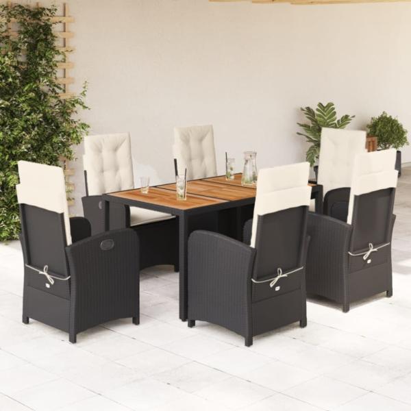 vidaXL 7-tlg. Garten-Essgruppe mit Kissen Schwarz Poly Rattan