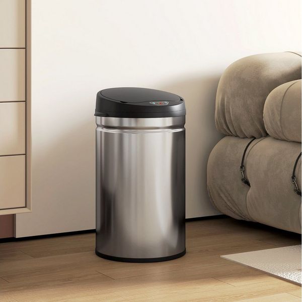 HOMCOM Mülleimer 42 Liter Sensor-Mülleimer mit Soft-Close-Funktion, aus Edelstahl für hygienische Küchen, Büros, Silberfarben