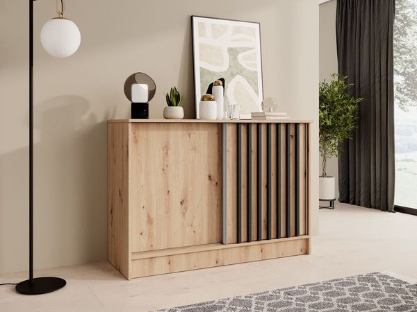 Beautysofa Kommode mit 2 Schiebetüren HORIZON (in 100 cm, 120 cm oder 160 cm, verschiedene Farben: Eiche Artisan, Schwarz, Weiß, Kaschmir), mit dekorativen Lamellen