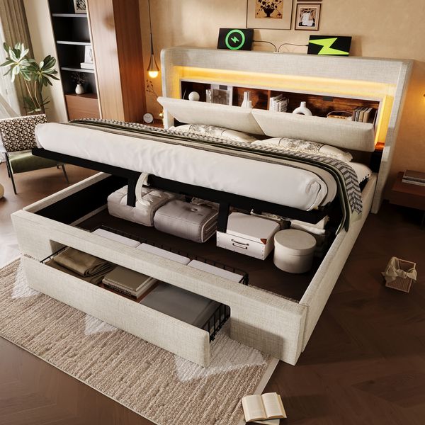 Novelux Polsterbett 140x200 cm mit Stauraum & LED-Beleuchtung – Leinen Beige, Bettgestell inkl, USB-C, Kopfteil & Lattenrost