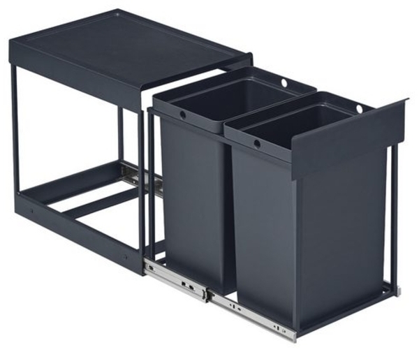 SONGMICS Mülleimer küche, Mülltrennsystem für Unterschrank, 2 x 20 L, Abfalleimer 2 Fächer, ausziehbar, Stahlrahmen, ABS-Deckel, grau
